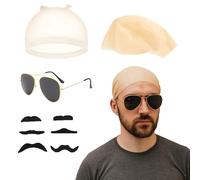 GWAWG 4 Pcs Fancy Dress Bald Cap Accessory Set Nude Latex Bald Cap with Wig Caps Black Sunglasses Black Beard Patch Set Halloween Music Icon Cosplay Accessory for Kids Adults