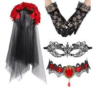 GWAWG 4 Pieces Halloween and Day of the Dead Costume Set Ladies Halloween Costumes Gothic Bride Veil Ladies Rose Necklace Lace Eye Mask Lace Gloves Costume Accessories for Women