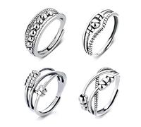 GWAWG 4PCS Anxiety Rings for Women, Silver Stress Relief Spinner Ring with Beads, Adjustable Open Fidget Ring for Teenage girls