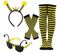 GWAWG 4Pcs Bee Costume Set, Bumble Bee Costume Kids Adult with BeeAntenna Headband BeeGlasses and Leg Sleeves for Women Grils Halloween Cosplay Party World Book Day Dress Up