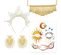 GWAWG 4PCS Halo Crown Baroque Costume Headwear,Sun Goddess Tiara and Crown Sunburst Headband,facial decoration,sun goddess necklace and earring for Cosplay Wedding Festival New Year Eve