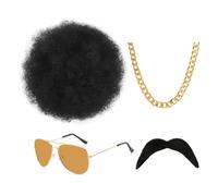GWAWG 4Pcs Hippie Costume Set,Disco Hippie Costume with with Mustache Glasses Artificial Wolf Necklace Gold Chain Short Curly Synthetic Hair Afro Mens Wig for 70s Disco Retro Men Hippie Accessories