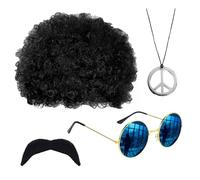 GWAWG 4Pcs Retro Hippie Costume Set, 60s 70s Disco Fever Accessories, Afro Wig, Sunglasses, Peace Sign Necklace & Moustache, For Party, Men & Women