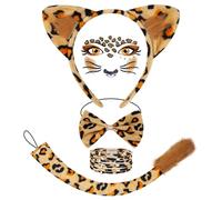 GWAWG 5 Pcs Brown Leopard Costume Suit, Include Leopard Face Sticker, Neckties, Bracelet, Hairband, Tail, Accessories for Costume Party Jungle Party Christmas, for Girl Women Dress Up
