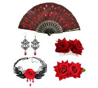 GWAWG 5 Pcs Rose Flower Hair Accessories With Flamenco Folding Fan For Spanish Fancy Dress Set,Women Flamenco Dancer With Flower Hair Clip,Day of The Dead Accessories
