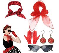 GWAWG 5 Piece 1950s Rockabilly Costume Accessory Set for Women, Retro Chiffon Scarf Polka Dot Headband Cat Eye Glasses for Theme Carnival Fancy Dress Parties