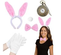 GWAWG 5 Piece Pink Rabbit Costume Set Bunny Costume Accessories Set Bunny Ears Headband Bow Tie Gloves Rabbit Tail Clock for Carnival Easter World Book Day Halloween Party