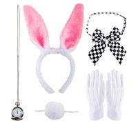 GWAWG 5PCS Bunny Costume Accessories Set,Wonderland Rabbit Fancy Dress,Rabbit Fancy Dress Costume Accessory Set with White Rabbit Ears, Bowtie, Rabbit Tail, Rabbit Nose, Gloves for adults kids