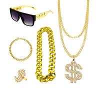 GWAWG 5Pcs Hip Hop Costume, 80s/90s Hip Hop Fancy Dress Accessories for Women Men Kids Fake Gold Chain Bracelet, Hip Hop Ring, Fake Dollar Sign Necklace,Hippie Glasses for Hippie Rapper Disco Outfit