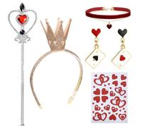 GWAWG 5Pcs Queen Costume Sets for Women, Crown Headband Red Black Heart Dangle Earrings Heart Necklace Scepter for Adults Halloween Carnival Cosplay Party Accessories