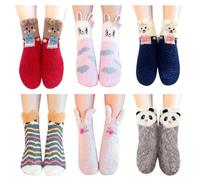 GWAWG 6Pairs Fluffy Slipper Socks for Women Girls Boys, Winter Cosy Thermal Warm Bed Animal Cute Fleece Lined Sock, Non Slip Comfy Sleep, Christmas Stocking Stuffer