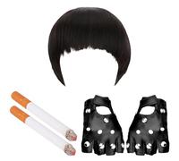 GWAWG 6PCS Welsh TV Character Costume Black Bob Wig Black Gloves Welsh Dragon Tattoo and 2 Fake Cigarettes Adults TV Character Dress Costume Nessa Fancy Dress