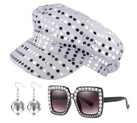 GWAWG 70s Disco Hat Set, 3PCS Sequin Hat with Silver Disco Sunglasses & Earrings, Abba Style Silver Glitter Costume Accessories Kit for Adult Women's Theme Party