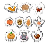 GWAWG Autumn Cookie Cutters,10 PCS Thanksgiving Biscuit Cutter Set,Stainless Steel DIY Cookie Cutter with Maple Leaves Hedgehog Pumpkin Squirrel Acorn Mushroom for Fall Party Baking Supplies