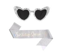 GWAWG Birthday Queen Accessories Kit,Diamond Pearl White Sunglasses and Glitter Sash For Women,Happy Birthday Party Accessories for Girl Ladies Costume