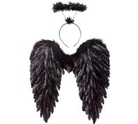 GWAWG Black Angel Wings and Halo, Demon Costume, Enlarged Feather Fallen Wings and Angel Halo Headband for Halloween Carnival Masquerade Festival, Party Outfit for Adult Kids
