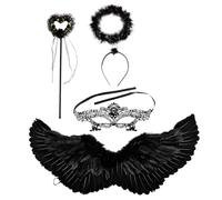 GWAWG Black Angel Wings and Halo, Fairy Wand, Sexy Lace Masquerade Eye Mask, Halloween Fallen Angel Wings Costume, Adult Teen Angel Wings for Halloween Christmas Cosplay Birthday Party