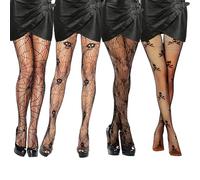 GWAWG Black Fishnet Tights, 4 Pcs Patterned Fish Net Tights for Women, Floral Vine, Skull, Spider Web and Ghost Designs, Stretch Lace Fashion Pantyhose for Halloween, Cosplay, Party