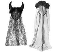 GWAWG Black Veil Halloween,2PCS Halloween Hairband Decorations with Black Flowers and Devil's Horn,Corpse Bride Veil,Party Fancy Dress Hair Accessory for Adults