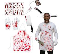 GWAWG Butcher Halloween Costume Set Men Women, 5-in-1 Bloody Apron Set with Fake Knife Head Prop Tattoos Gloves,Scary Cook Serial Killer Outfit Halloween Accessories Party Cosplay Carnival Fancy Dress