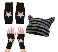 GWAWG Cat Ear Beanie Knitted Hat with Fingerless Gloves Gothic Clothes for Women, Vintage Slouchy Warm Crochet Hats Y2K Accessories for Girls Adults Black