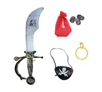 GWAWG Children’s Pirate Sword Set with Eye Patch, Earring, Coin Bag - 4 Pcs Pirate Accessories for Kids, Fancy Dress Costume for Halloween, Carnival, Theater, Cosplay, Girls Boys