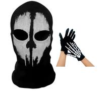 GWAWG COD Ghost Mask Skull Balaclava MW2 Skeleton Costume Full Head Ski Snood Mask Knitted Windproof Warmer Headwear with Skeleton Gloves for Bike Skateboard Motorcycle Snowboard Outdoor Sport Black