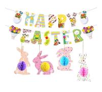 GWAWG Easter Decorations 19PCS Happy Easter Banner Decorations 3D Honeycomb Tree Decor for Party Decorations Easter Bunting Hanging Bunny Egg Spring Decor for Home Decoration School Party