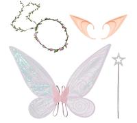 GWAWG Fairy Wings Sets for Girls Women, Fairy Costume Butterfly Wings with Elf Ears Flower Headband Magic Wand for Kids Birthday Halloween Christmas Fancy Dress Cosplay Party