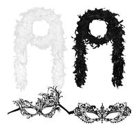 GWAWG Feather Boa Masquerade Mask Set - Black & White Feather Boas + 2 Venetian Lace Masks - for Masquerade Ball, Gothic Costume, Carnival, Halloween, Angel or Dark Queen Outfit