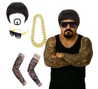 GWAWG Final Boss Meme Costume Set, Bowl Cut Wig, Goatee Mustache, Sunglasses, Gold Chain & Tattoo Sleeves, Funny 90s Meme Cosplay Ibiza Outfit for Halloween Festivals Retro Rave Party Men Women