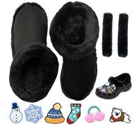 GWAWG Fleece Liners for Crocs with Shoelace Cover and 6 Christmas Charms, Removable Fuzzy Shoe Inserts, Warm Lining for Clogs, Boots, Shoes, Winter Insoles for Women Men (Black, 42-43)
