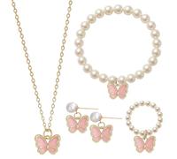 GWAWG Girls Pearl Jewelry Set, Heart Butterfly Necklace Earring Bracelet Ring Set for Little Girl, Princess Dress Up Kids Jewelry Party Birthday Gift Toys for 3-15 Year Old Girls (Pink, One Size)