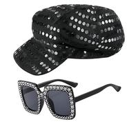 GWAWG Glitter Sequins Hat Bling Sunglasses Set for Women, Disco 70s Accessories, Retro Pop Star Costume Hat, Hippie Vintage Diva Outfit for Birthday, Halloween, Fancy Dress Party Accessory (Black)