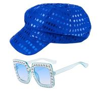 GWAWG Glitter Sequins Hat Bling Sunglasses Set for Women, Disco 70s Accessories, Retro Pop Star Costume Hat, Hippie Vintage Diva Outfit for Birthday, Halloween, Fancy Dress Party Accessory (Blue)
