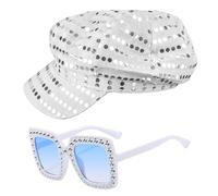GWAWG Glitter Sequins Hat Bling Sunglasses Set for Women, Disco 70s Accessories, Retro Pop Star Costume Hat, Hippie Vintage Diva Outfit for Birthday, Halloween, Fancy Dress Party Accessory (Silver)