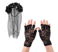 GWAWG Gothic Bride Set: Black Lace Veil Headband with Realistic Roses Fingerless Gloves ， Halloween Veil, Day of the Dead Accessory Gothic Dress Finishing Touch