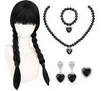 GWAWG Gothic Halloween Costume Girl Women with Black Wig, Earrings & Necklace - Dark Vampire Dress Up Outfit for Kids, Girls Gothic Cosplay Halloween, Carnival Spooky Parties