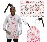 GWAWG Halloween Butcher Set,Horror Hair Accessories, Bloody Apron, Halloween Scars Accessories with Zombie Scar Tattoos, Adult Male Costume at Halloween Party