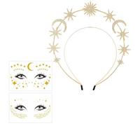 GWAWG Halo Crown Headband Moon and Star Headband Star Rhinestone Hair Band Double Layer Astrology Hairband, Goddess Headpiece with 2 Temporary Tattoos for Girls and Women