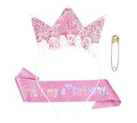 GWAWG Headband And Glitter Sash Set for 3-6 Year Old Girl Birthday Decor Birthday Decorations for Girls Flower Princess Crown Headband for Girl Outfit Flower Princess Crown Hairband (pink-4)