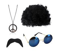 GWAWG Hippie costume suit, retro hippie costume accessories from 1960s to 1970s, fashionable African wig, sunglasses, beard and peace logo necklace, suitable for theme parties in the 1950s/60s/70s