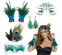 GWAWG Peacock Costume Women Set,6 PCS Peacock Feathers Accessories,Peacock Headband for Women,Feather Bracelets,Peafowl Earrings,Green Feather Eyelashes Glitter Stones Face for Carnival