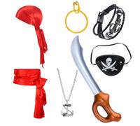 GWAWG Pirate Costume Accessories Set - 7Pcs Pirate Costume for Adults & Kids with Eyepatch, Earring, Bracelet, Headscarf, Belt, Necklace, Sword Balloon, Halloween & Medieval Fancy Dress Props