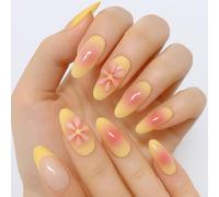 GWAWG Press On Nails 3D Flower Tropical Island Style French Tip Nails, Short Almond Shape, Yellow Pink Glossy Acrylic Fake Nails, 24 Pieces with Glue and Mini Nail File