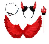GWAWG Red Angel Wings and Devil Horns with Wand, Red Devil Costume with Demon Bat Necklace, Fallen Angel Wings for Adult Kid Halloween Carnival Cosplay Party