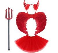 GWAWG Red Devil Costume, Pack of 3 Wings Horns Tutu Skirt, Halloween Fallen Angel Outfit, Halloween Cospaly Party Fancy Dress Masquerade Carnival Decoration for Women Girls