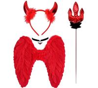 GWAWG Red Devil Wings and Horns with Wand and Demon Bat Necklace, Red Fallen Angel Wings Devil Costume Accessories for Kids Adults Halloween Carnival Cosplay Party