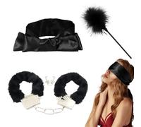 GWAWG Satin Blindfold Fluffy Handcuffs Whip Play, Cosplay Costume Props for Ball Party, Metal Handcuffs with 2 Keys, Couple Game Valentine's Day Gift
