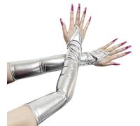 GWAWG Silver Metallic Gloves,Long Fingerless Metallic fingerless Patent Leather Shiny Elbow Length Gloves,Evening Opera Party Costume For Stage Cosplay Night Club